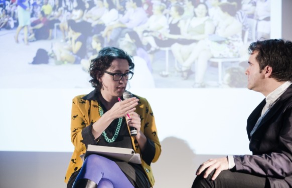 Anna-Maria Meister im Gespräch mit Andrés Jacque, ARCH+ features 29, Berlin 2014. Foto: David von Becker