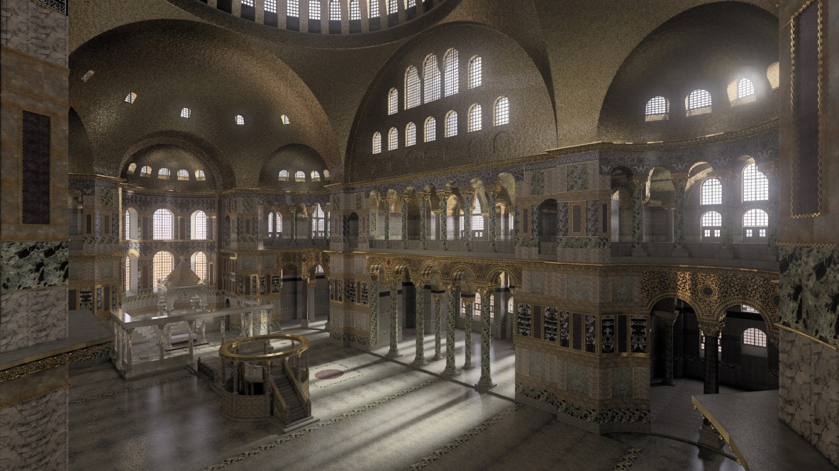Am Nachmittag fällt Licht durch die Seitenschiffe bis tief in den Innenraum der Hagia Sophia des 6. Jh. Auch heute läßt sich dieser Effekt beobachten, wird aber durch nachträgliche Einbauten und Stützkonstruktionen vermindert.