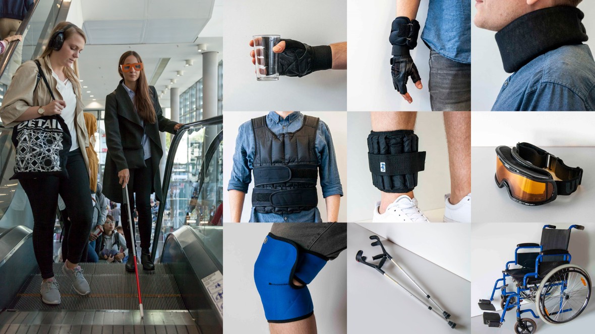 Links: Studierende wechseln die Perspektive als Teil des Entwurfs „Frankfurt liest!". Rechts: Bestandteile des Alterssimulationsanzugs, die am Inclusive Lab ausgeliehen werden können.